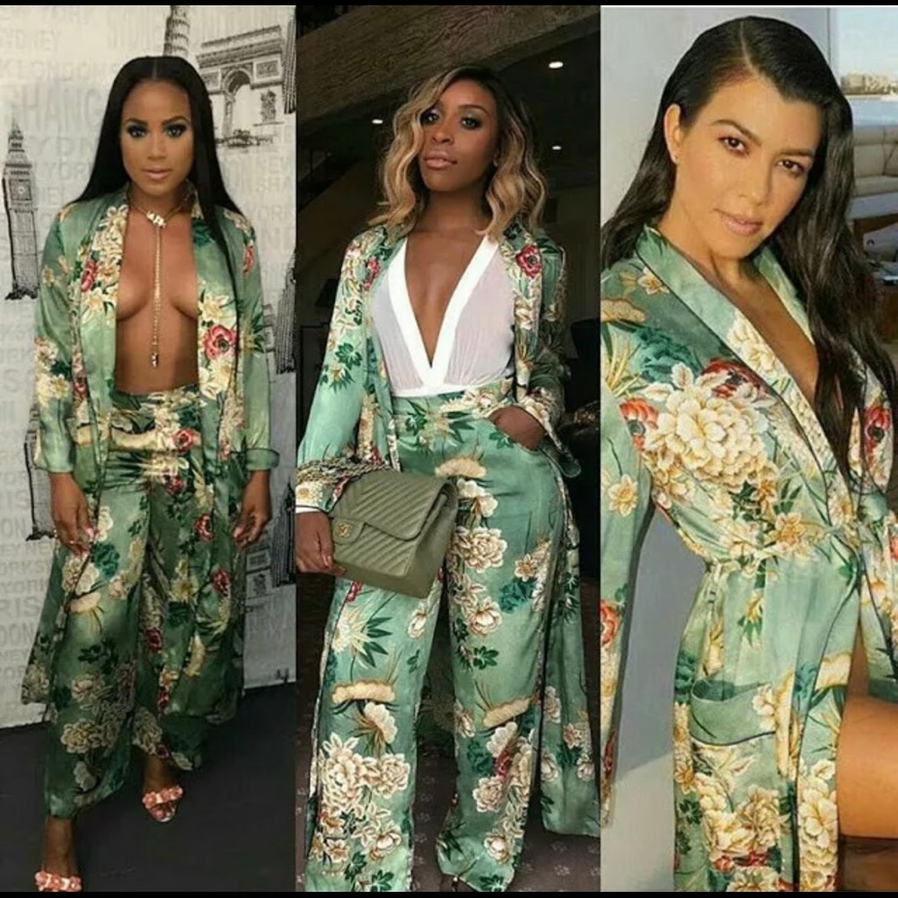 Zara Green Floral Pants and Matching Kimono Jacket